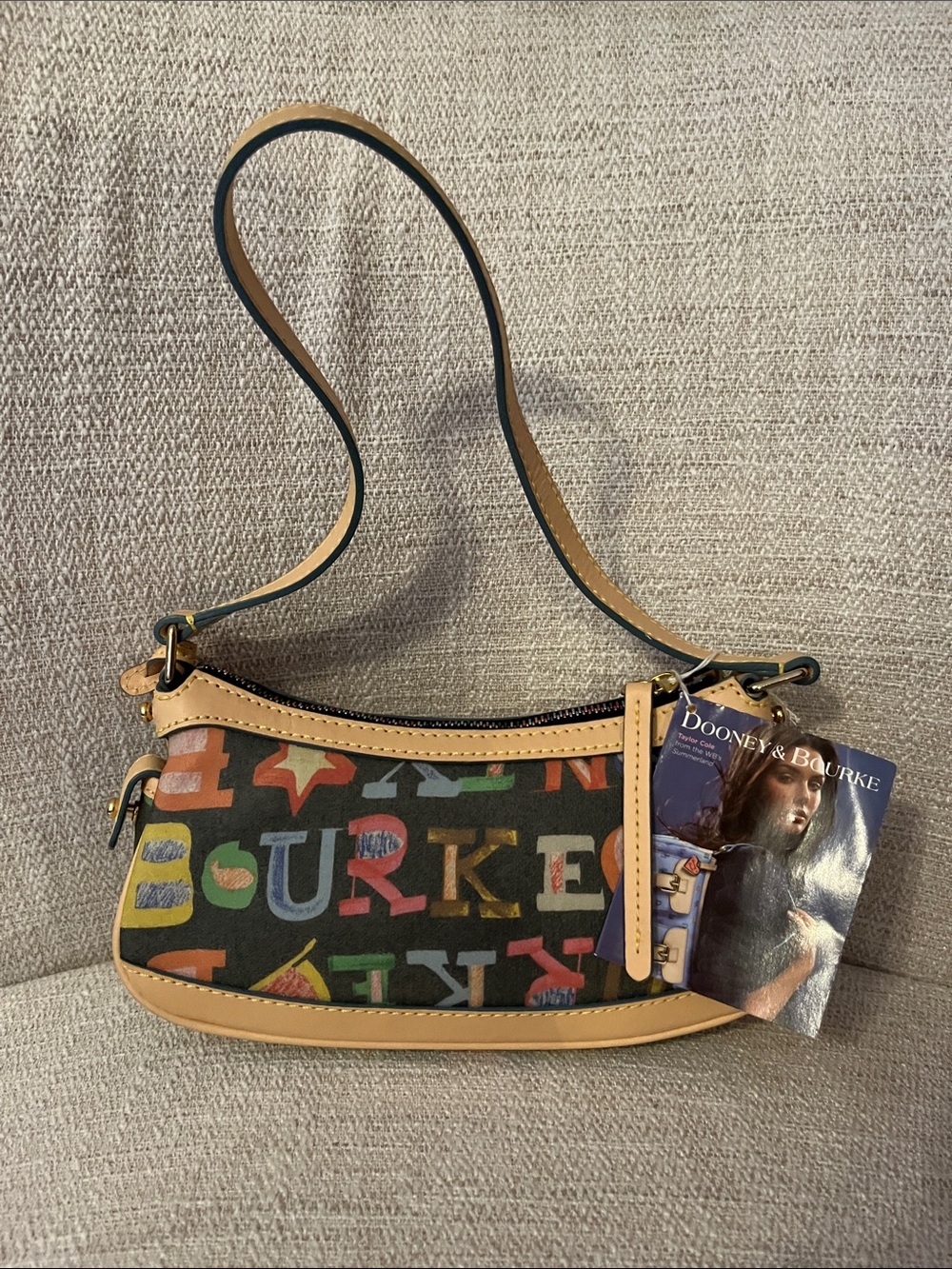 NWT Dooney & Bourke Multicolor Logo Mini Top Zip Shoulder Bag with Tan Trim
